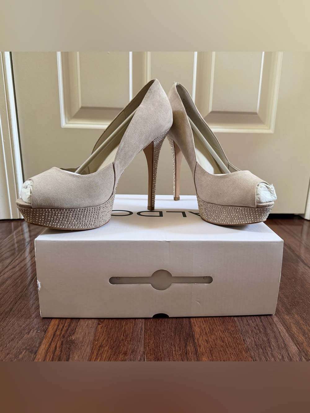 Aldo Neutral Beige Suede Crystal-Embellished Platform Pumps